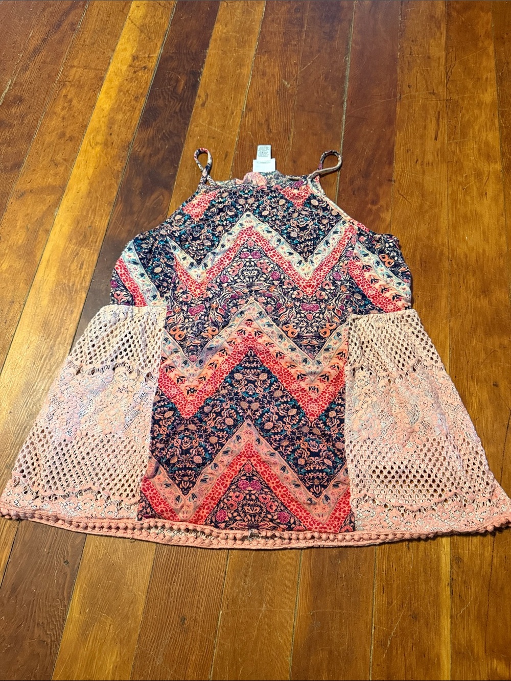 Daytrip Pink Navy Chevron Floral Halter top with Crochet Panels M